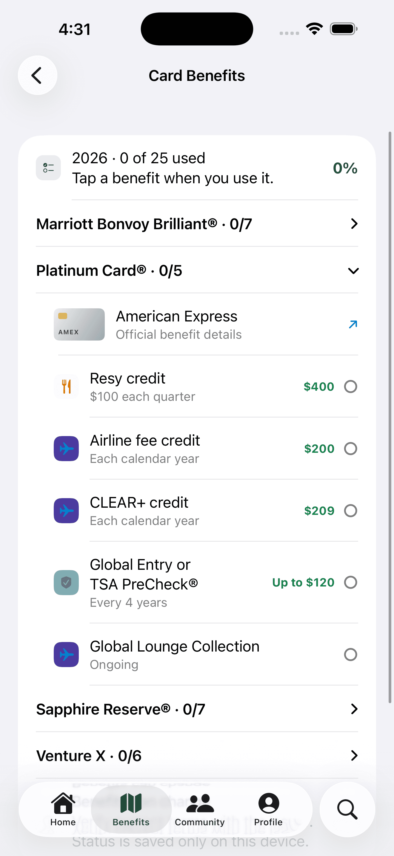 Card benefit details and usage