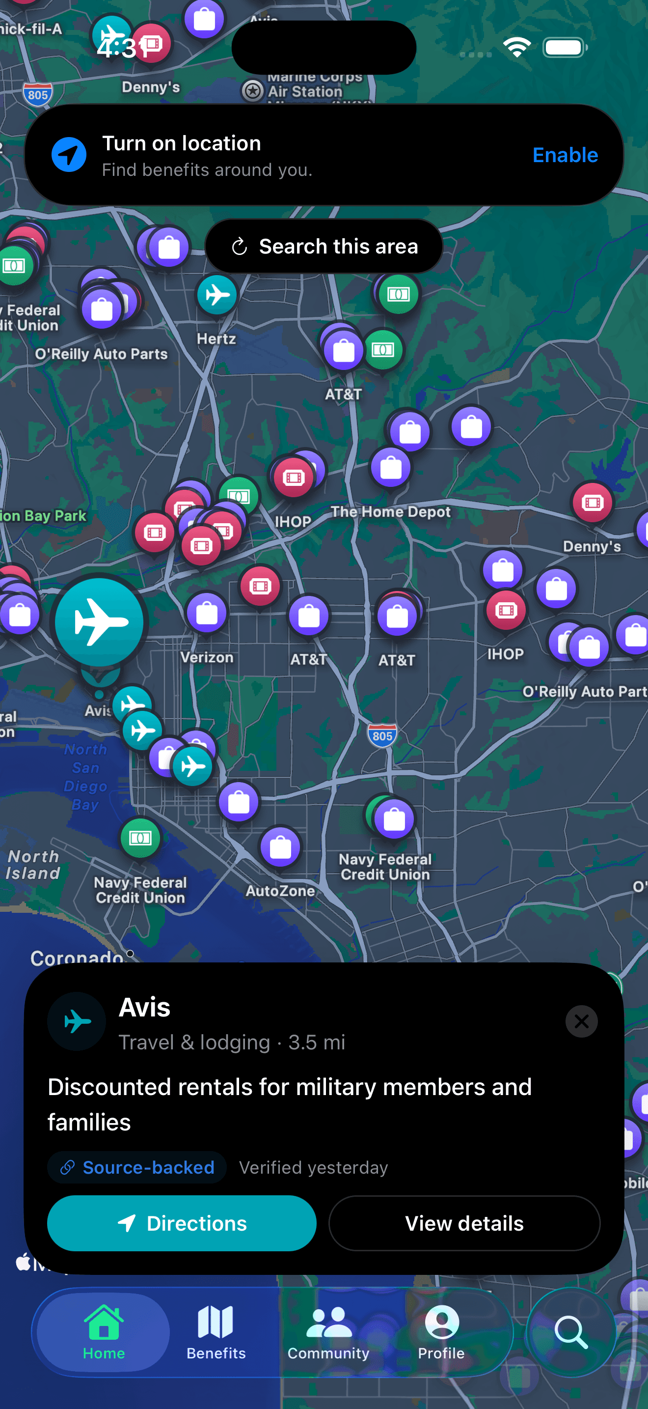 Map of nearby military benefits with a selected offer