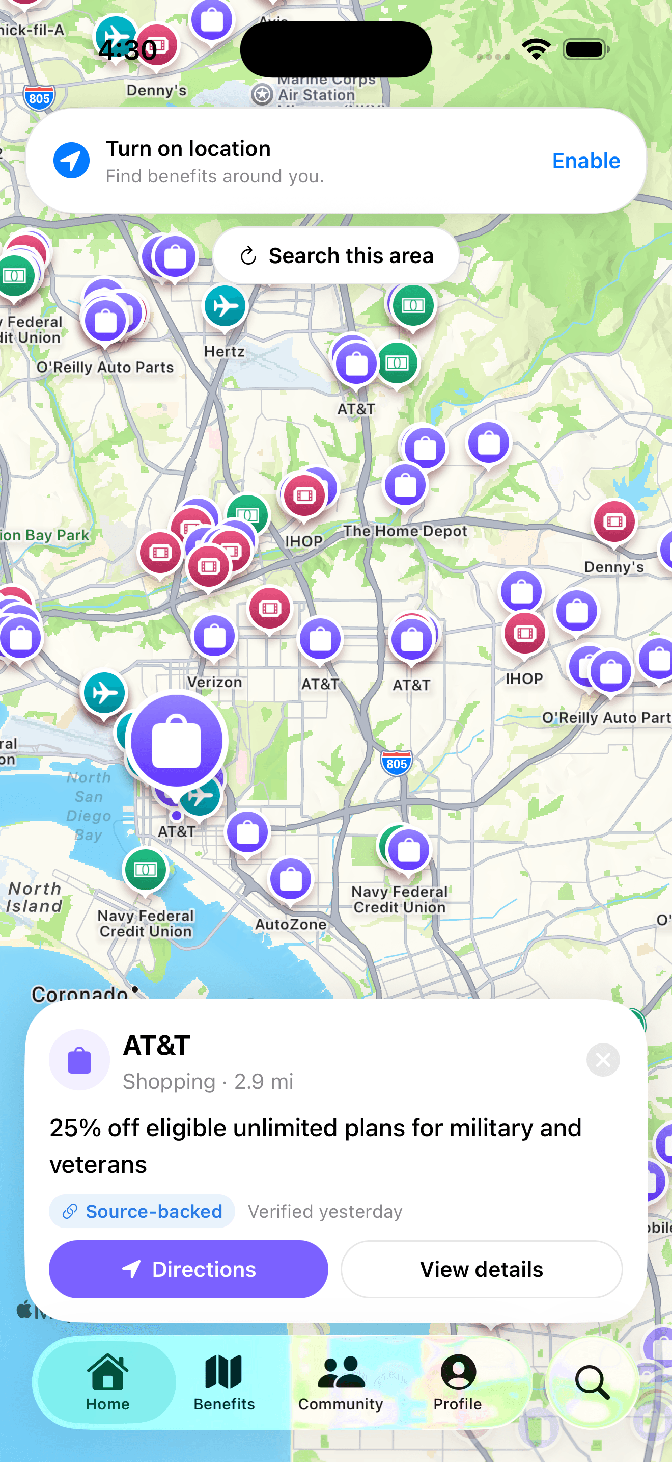 Filtered benefits shown on the map